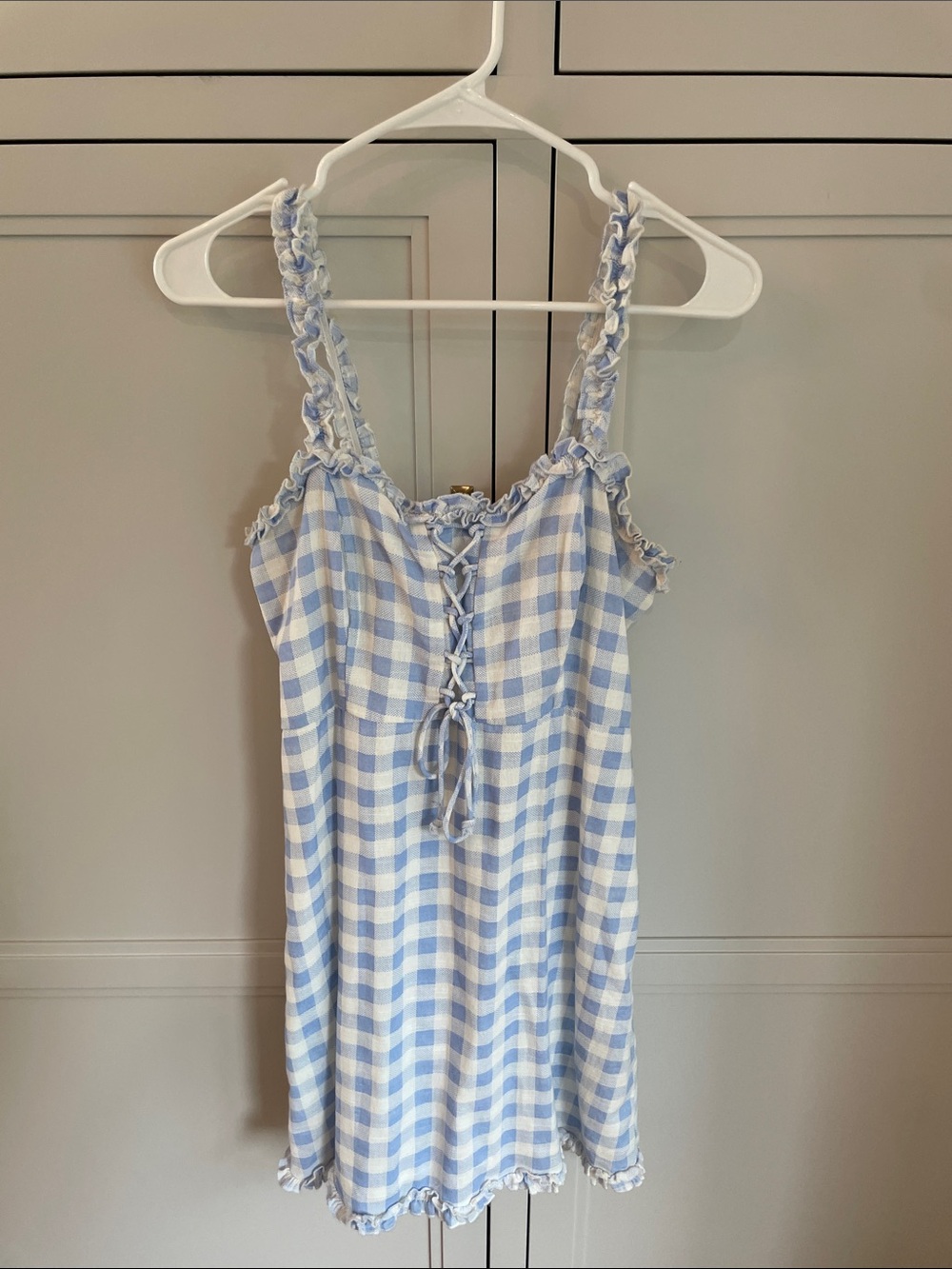 URBAN OUTFITTERS  Gingham Ruffle Lace-Up Chemise Slip dress Light Blue & White.